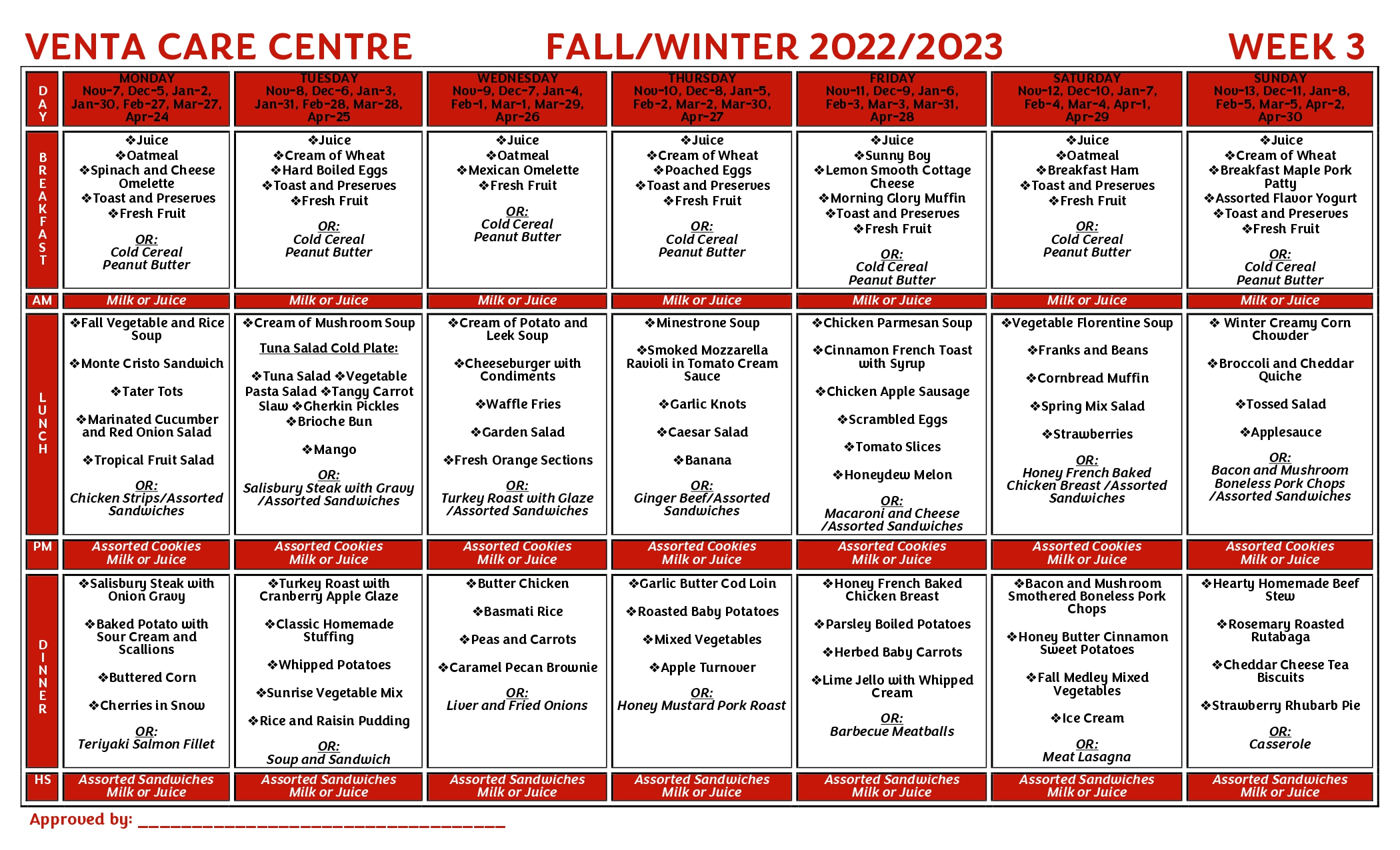 Meal Plan | Edmonton, AB | Venta Care Centre